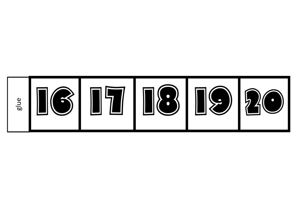 Large 1 to 20 number line, final cut-out piece: numbers 16 to 20 with a glue tab that attaches after 15