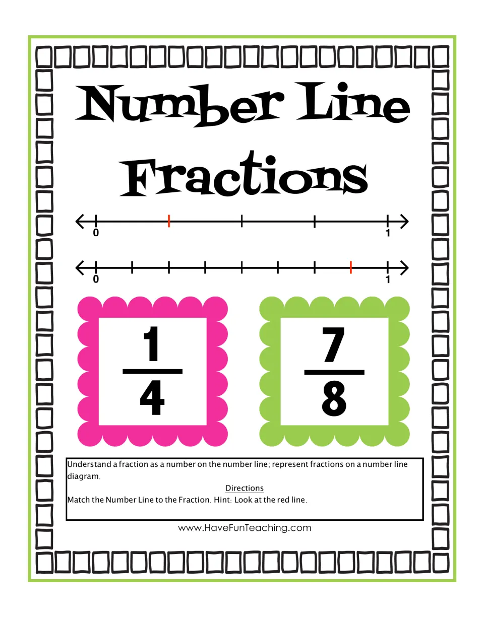 Number Line Fractions cover: directions to match each number line to a fraction card using the red mark, with 1/4 and 7/8