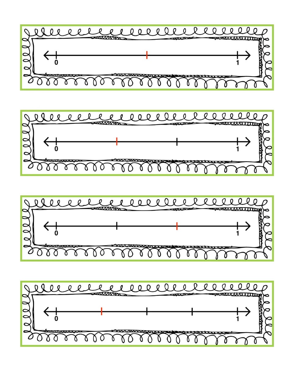 Number line cards from 0 to 1 with a red tick marking 1/2, 1/3, 2/3 and 1/4, for matching to fraction cards