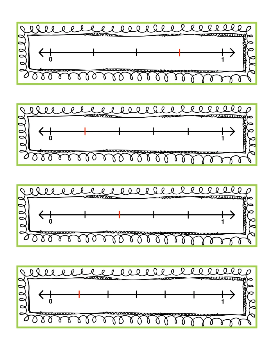 Number line cards from 0 to 1 split into fourths, fifths and sixths, red ticks marking 3/4, 1/5, 2/5 and 1/6