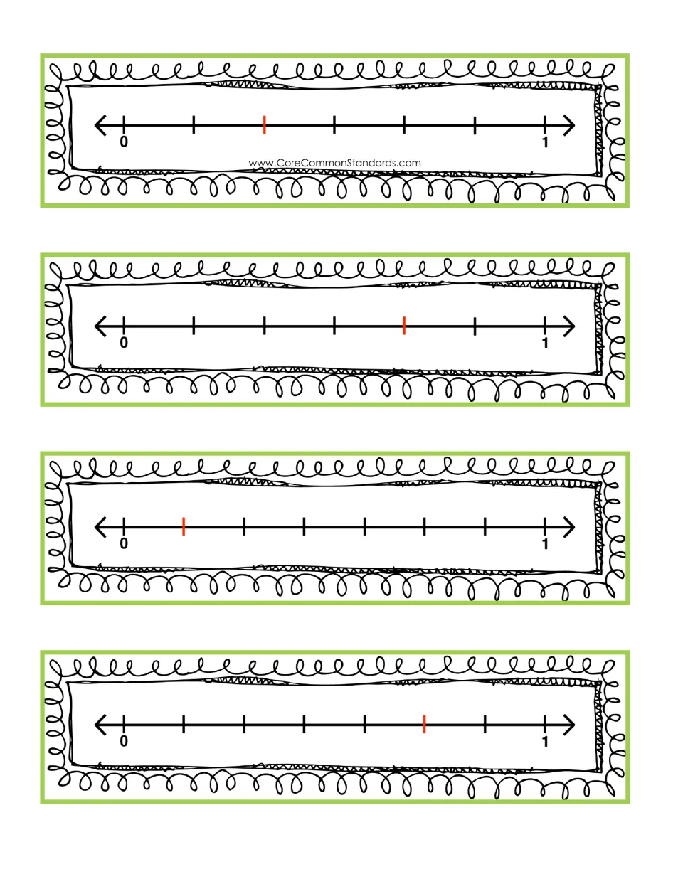 Number line cards from 0 to 1 split into sixths and sevenths, with red ticks showing 2/6, 4/6, 1/7 and 5/7 to identify