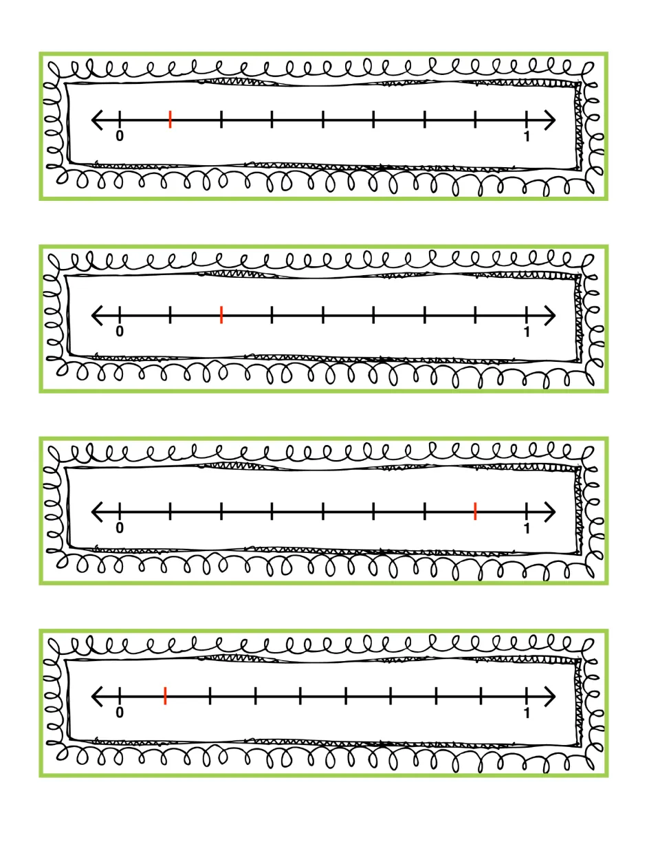 Number line cards from 0 to 1 split into eighths and ninths, with red ticks showing 1/8, 2/8, 7/8 and 1/9 to identify