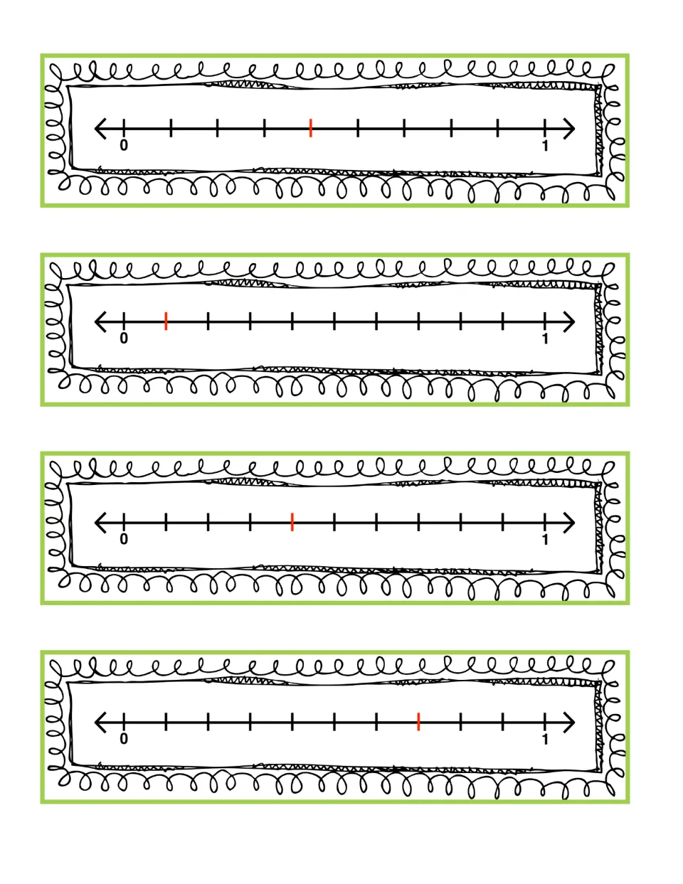 Number line cards from 0 to 1 split into ninths and tenths, with red ticks showing 4/9, 1/10, 4/10 and 7/10 to identify
