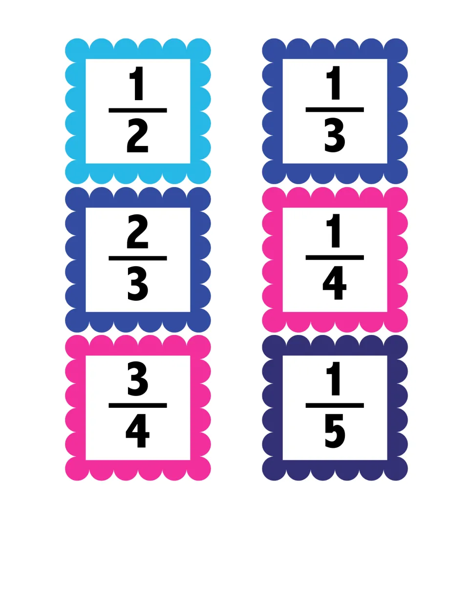 Fraction cards to match with number lines: 1/2, 1/3, 2/3, 1/4, 3/4 and 1/5, each printed large on a colored card