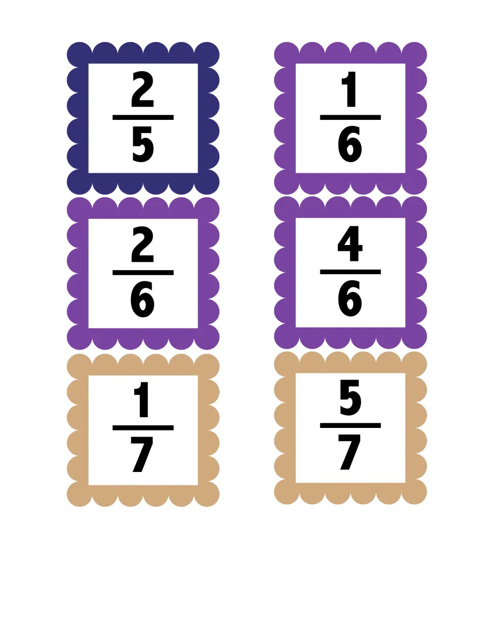Fraction cards to match with number lines: 2/5, 1/6, 2/6, 4/6, 1/7 and 5/7, each printed large on a colored card