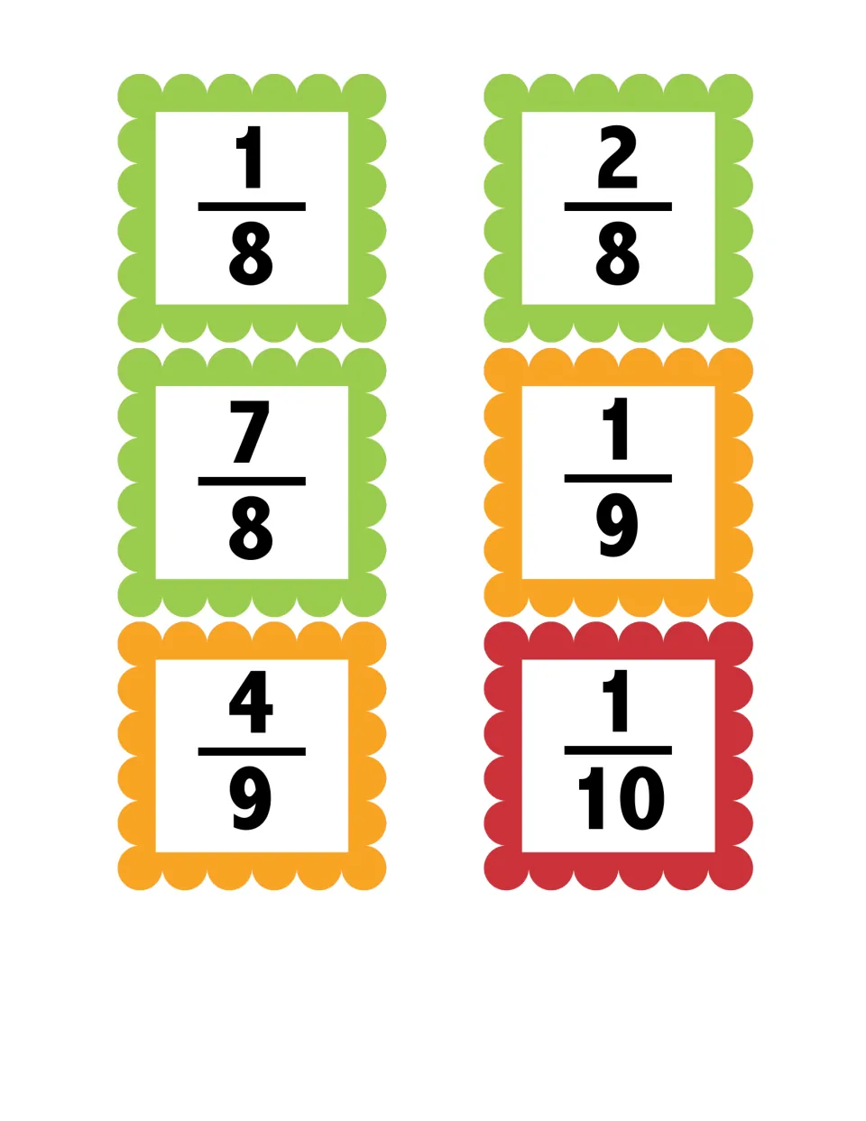 Fraction cards to match with number lines: 1/8, 2/8, 7/8, 1/9, 4/9 and 1/10, each printed large on a colored card
