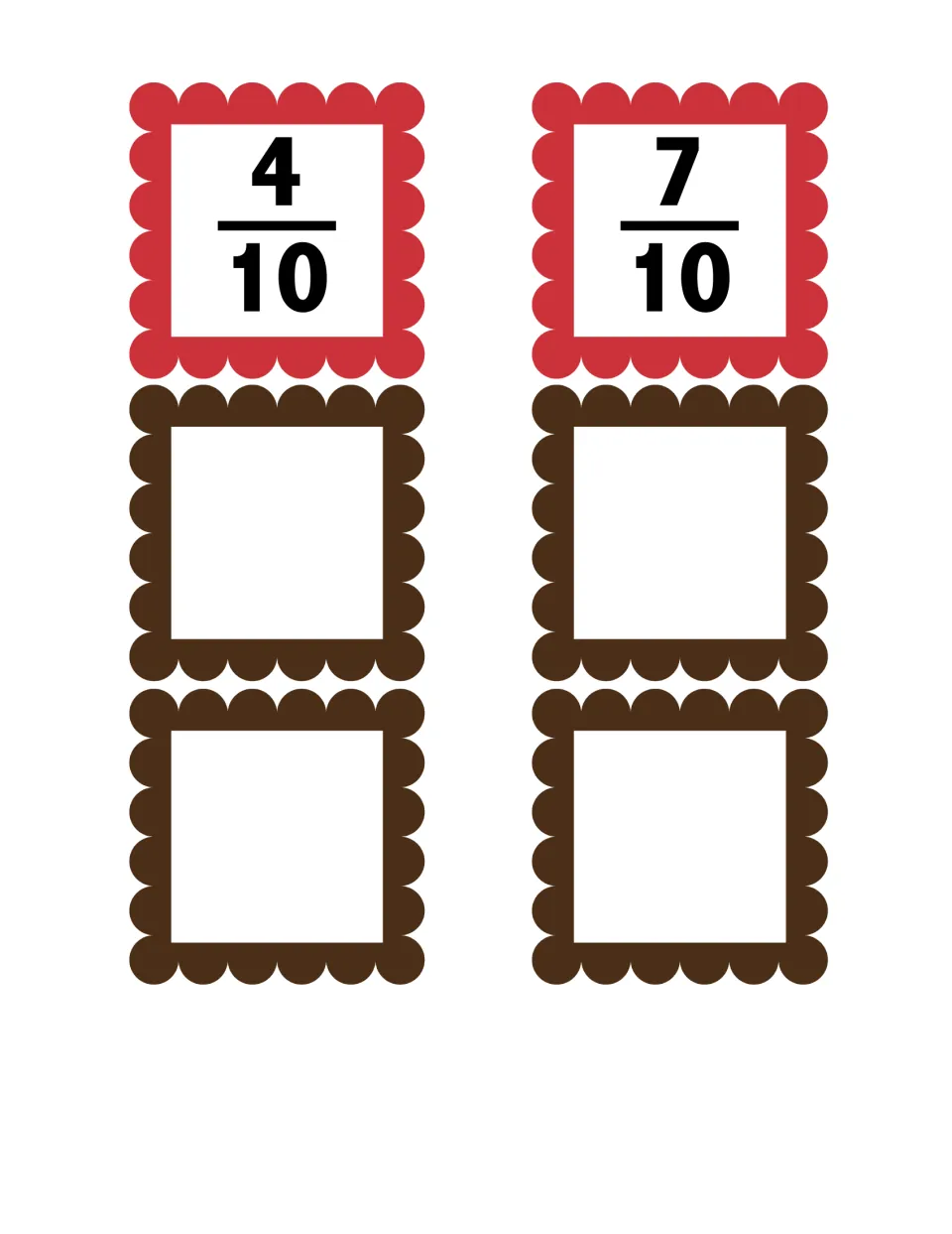 Final fraction cards 4/10 and 7/10 for matching to number lines, plus four blank cards for writing extra fractions