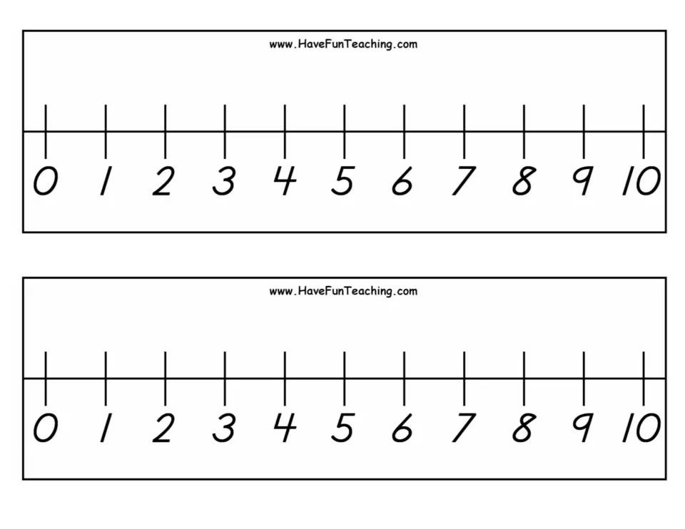 Number lines from 0 to 10: two black-and-white strips with a tick mark and a large numeral at each whole number