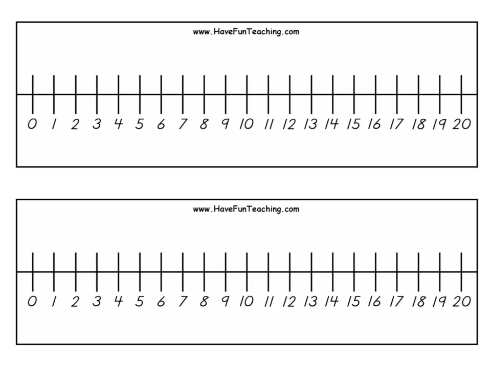 Number lines from 0 to 20: two black-and-white strips marking each whole number with a tick and its numeral