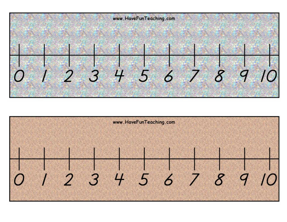 Number lines from 0 to 10 in color: one strip on a glittery silver background and one on a tan textured background