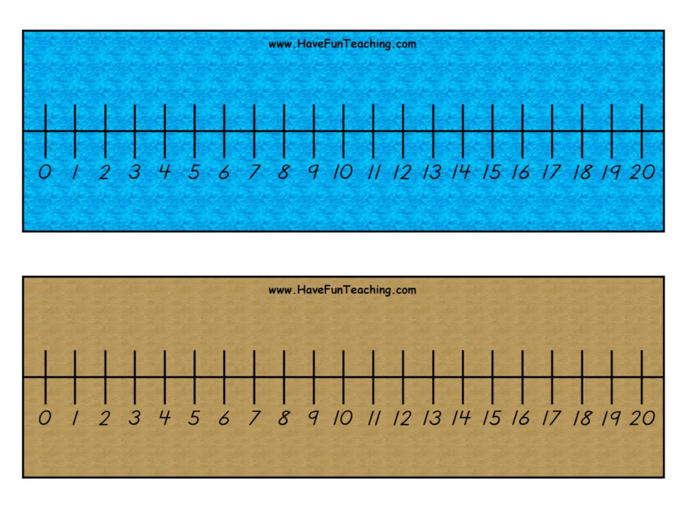 Number lines from 0 to 20 in color: one strip on a bright blue water-like background and one on a brown paper texture
