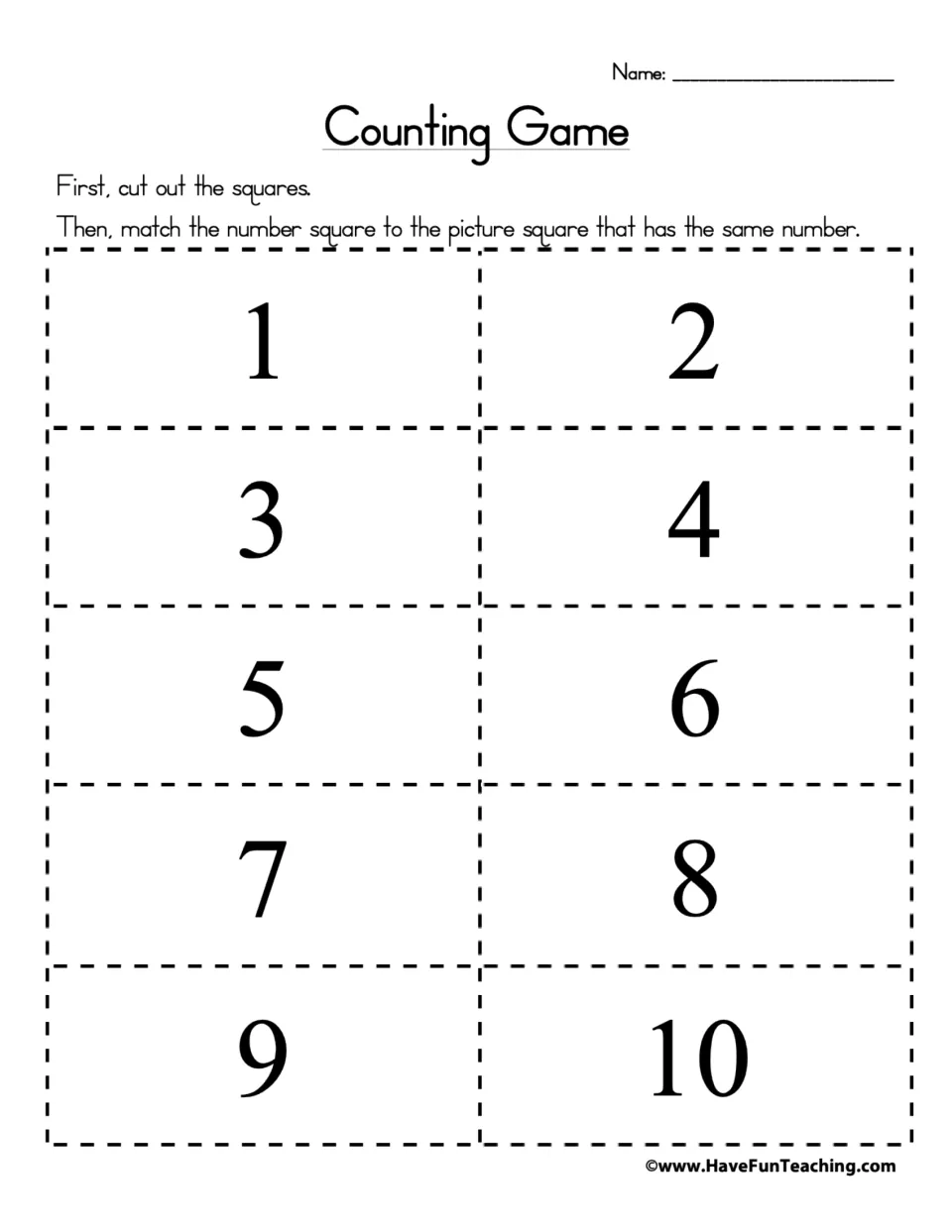 Counting Game number cards: students cut out squares showing numerals 1 to 10 to match to picture squares
