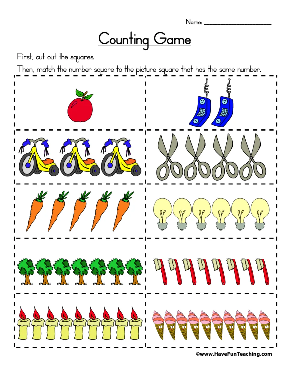 Counting Game picture cards: students count 1 apple up to 10 ice cream cones and match each square to its numeral card