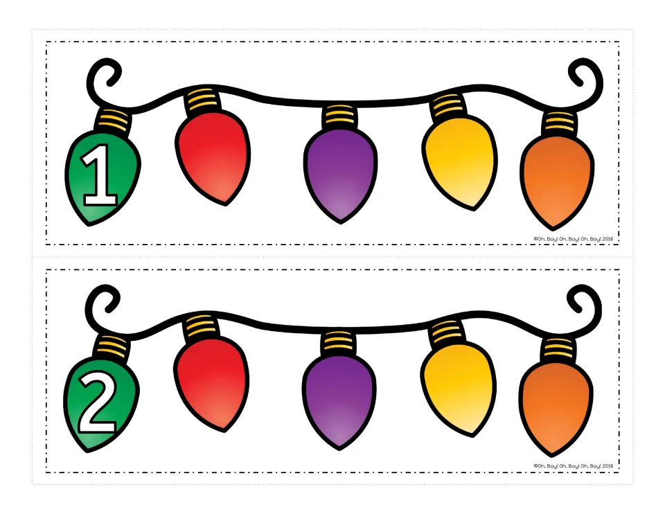Light strand cards 1 and 2, each with a numbered green bulb and four blank bulbs for the matching cut-outs