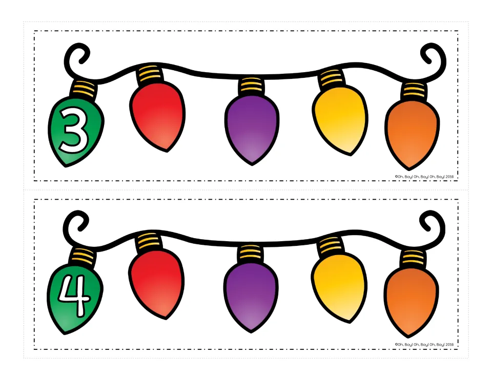 Light strand cards 3 and 4, each with a numbered green bulb and four blank bulbs for bulb cut-outs