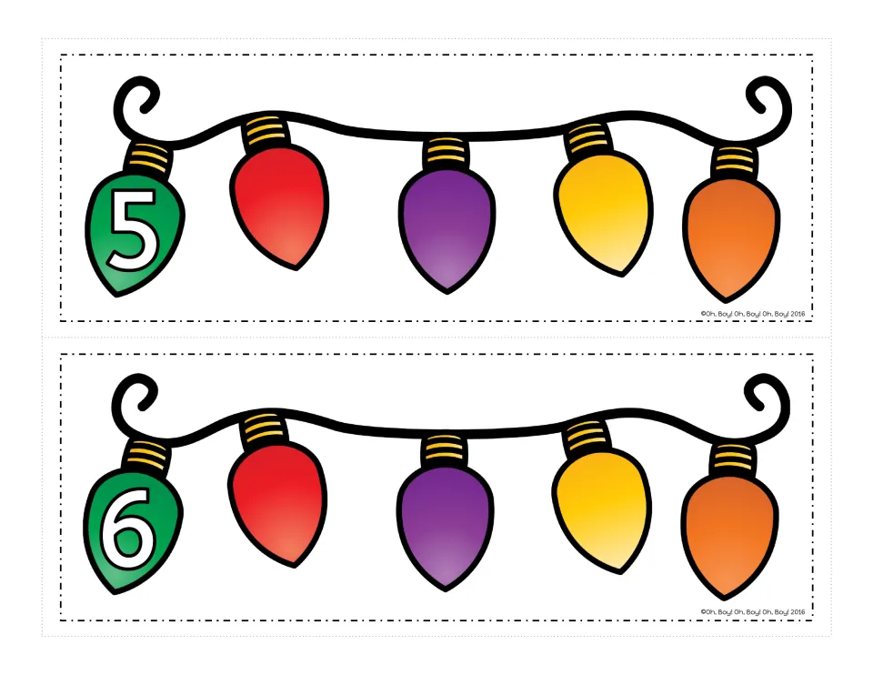 Light strand cards 5 and 6: the number on the first bulb, then four blank bulbs where matching bulbs go