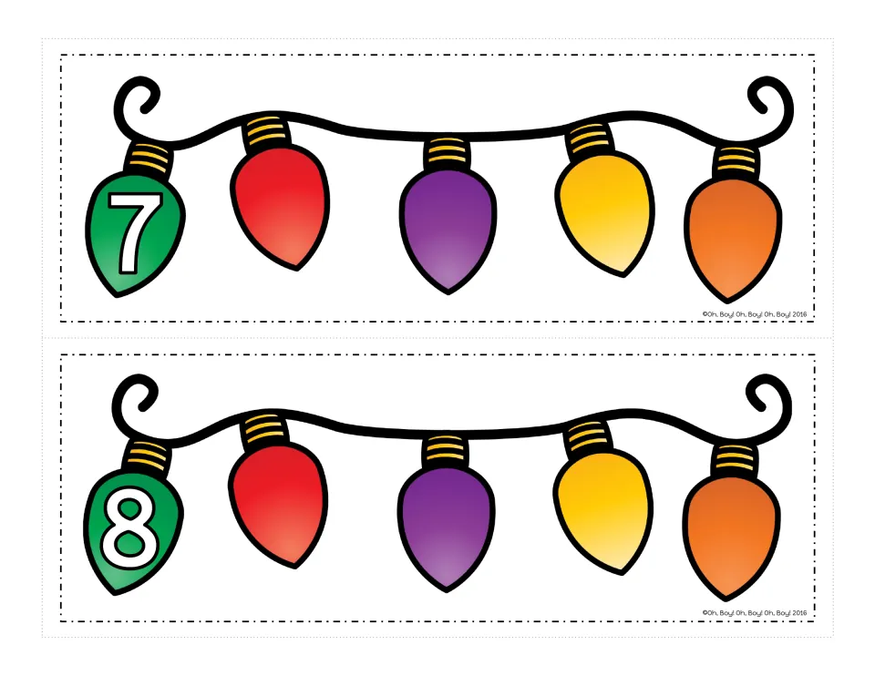 Light strand cards 7 and 8, each numbered on the green bulb with four open spots for matching light bulbs