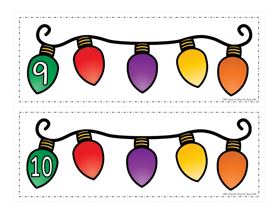 Last light strand cards, 9 and 10, with the number on the green bulb and four blank bulbs to match