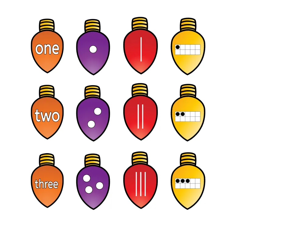 Bulb cut-outs for 1, 2 and 3: number word, dots, tally marks and a ten frame for each number