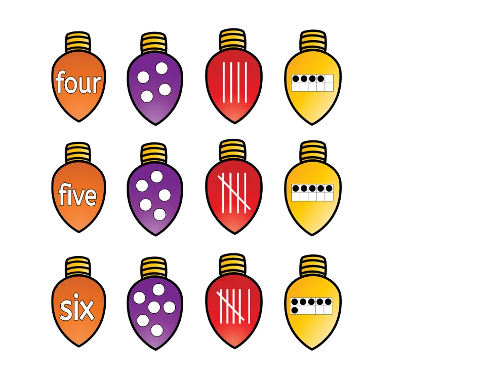 Bulb cut-outs for 4, 5 and 6: 'four', 'five', 'six' with matching dots, tally marks and ten frames
