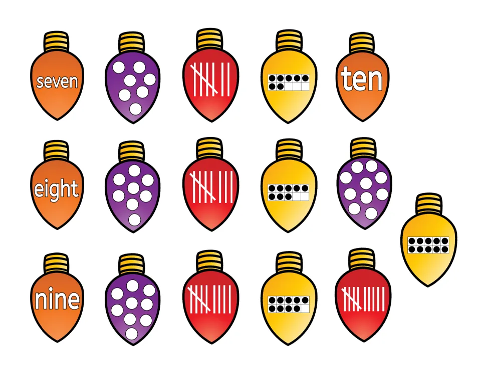 Bulb cut-outs for 7 to 10: 'seven' to 'ten' in words plus matching dots, tally marks and ten frames