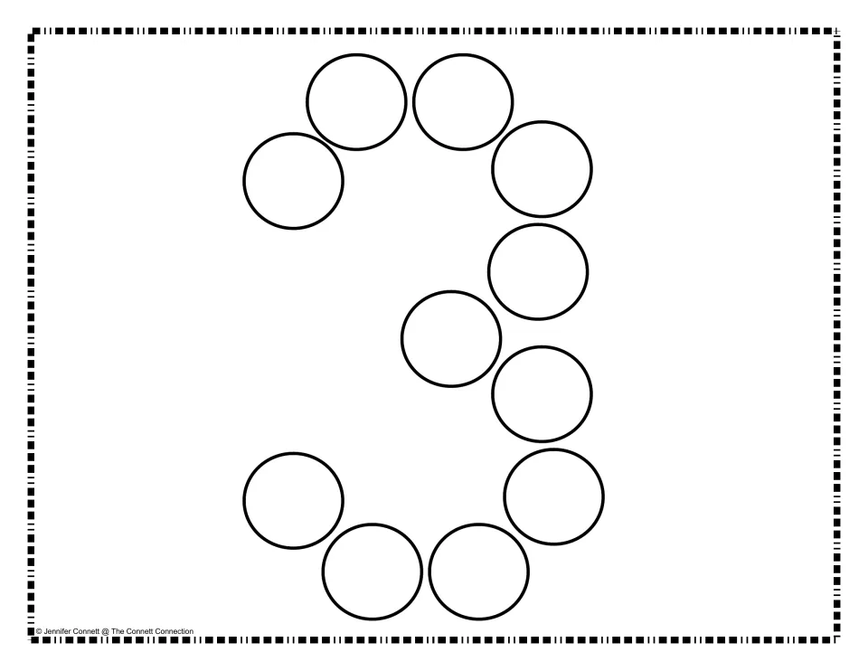 Number-building mat for 3, made of empty circles to fill with manipulatives for number formation practice.