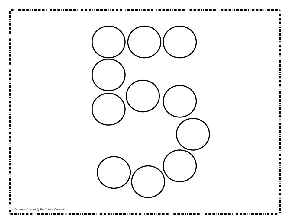 Number-building mat for 5, made of empty circles to fill with manipulatives for number formation practice.