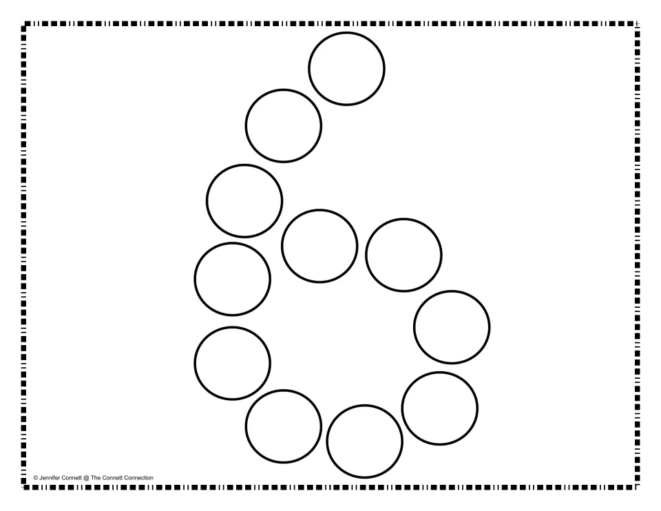 Number-building mat for 6, made of empty circles to fill with manipulatives for number formation practice.