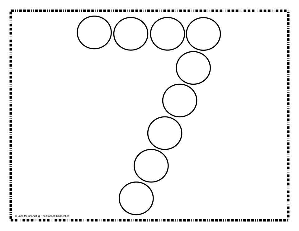 Number-building mat for 7, made of empty circles to fill with manipulatives for number formation practice.
