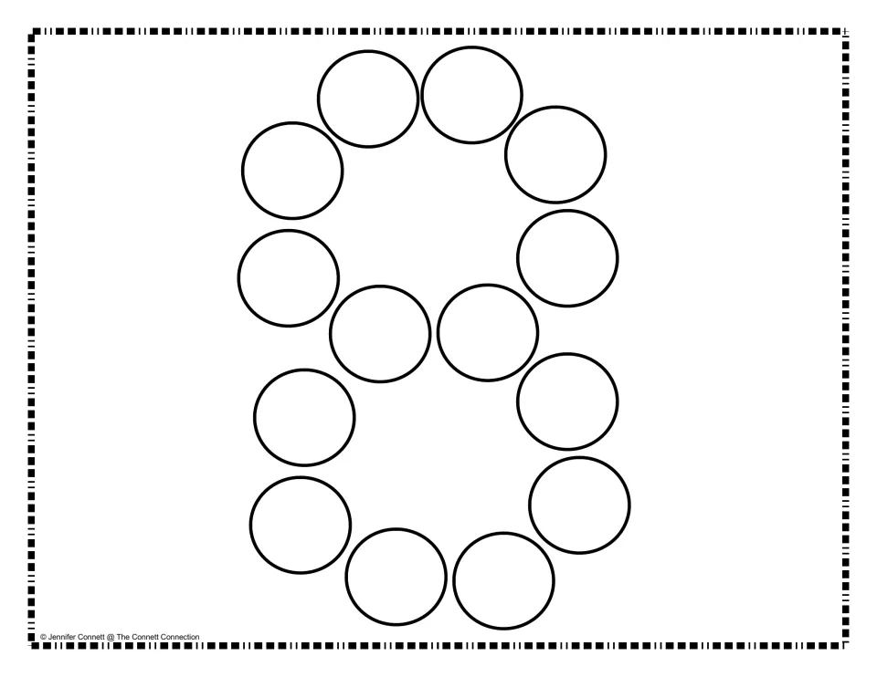 Number-building mat for 8, made of empty circles to fill with manipulatives for number formation practice.