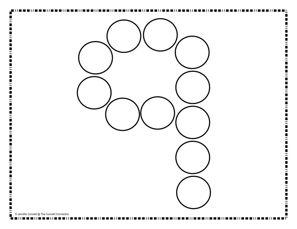 Number-building mat for 9, made of empty circles to fill with manipulatives for number formation practice.