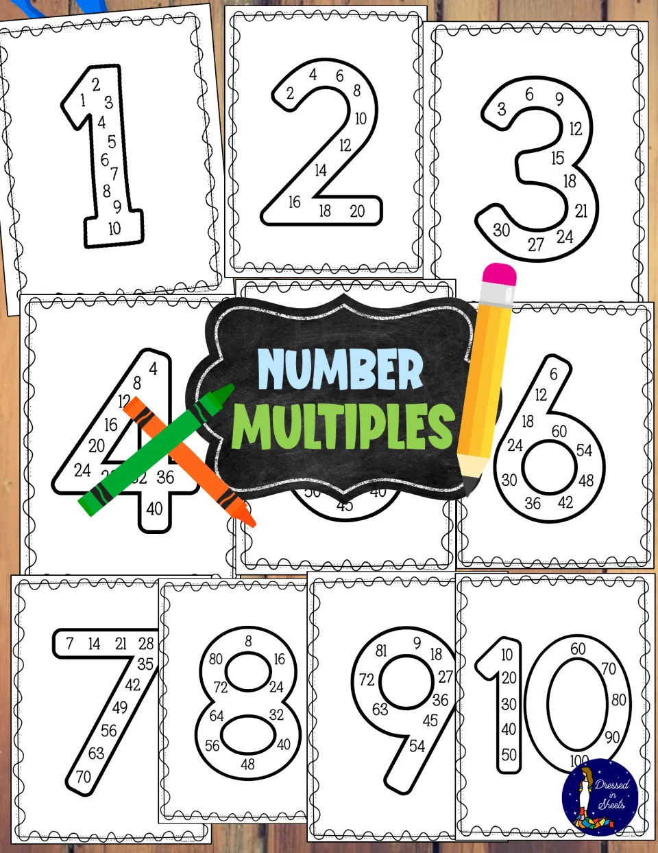 Number multiples cover: preview of ten numeral pages, 1 to 10, each outline numeral filled with that number's multiples