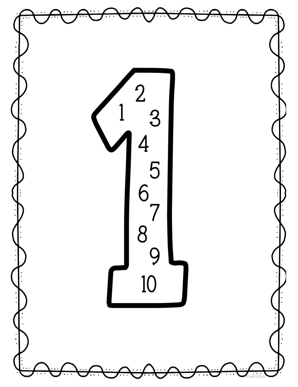 Counting 1 to 10: numbers 1 through 10 written in order down a large outline numeral 1 for counting by ones