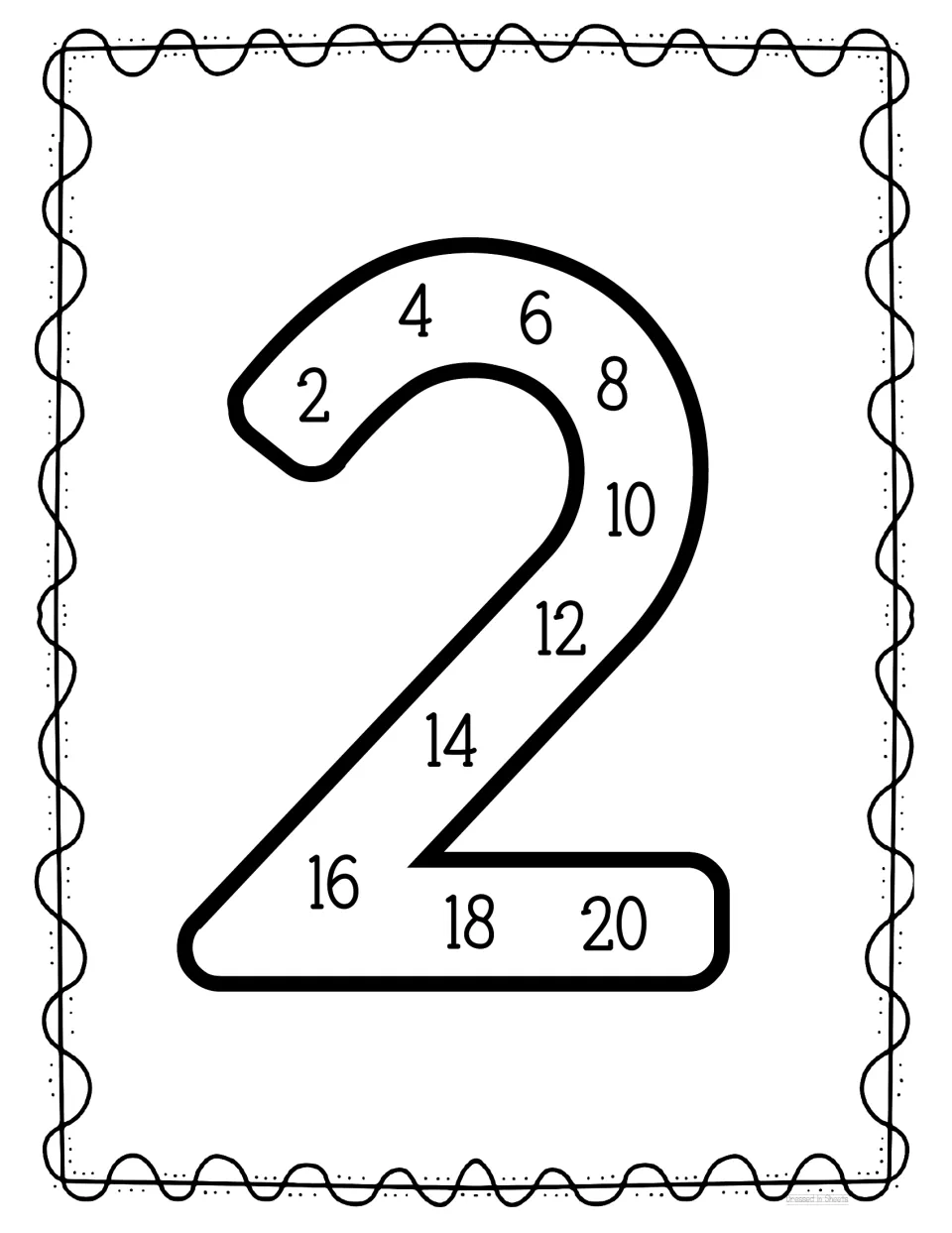 Skip counting by 2s: multiples 2, 4, 6 up to 20 follow the curve and base of a large outline numeral 2