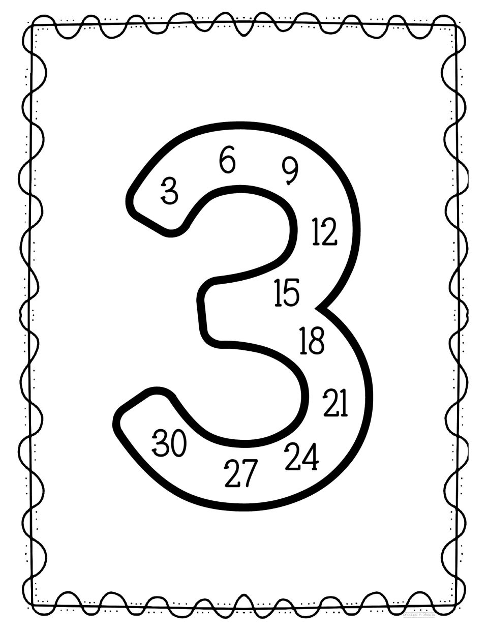 Skip counting by 3s: multiples 3, 6, 9 up to 30 curve around the shape of a large outline numeral 3