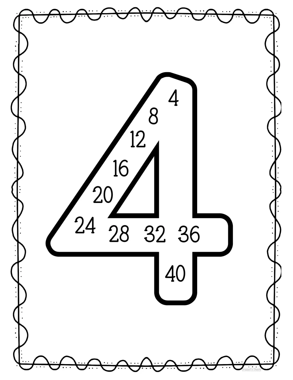 Skip counting by 4s: multiples 4, 8, 12 up to 40 follow the strokes of a large outline numeral 4