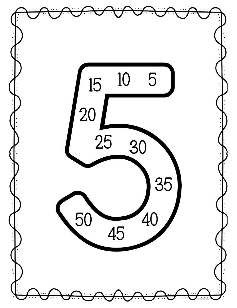 Skip counting by 5s: multiples 5, 10, 15 up to 50 run from the top bar around a large outline numeral 5