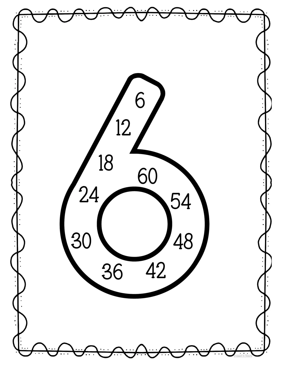 Skip counting by 6s: multiples 6, 12, 18 up to 60 run down the stem and around the loop of a large outline numeral 6