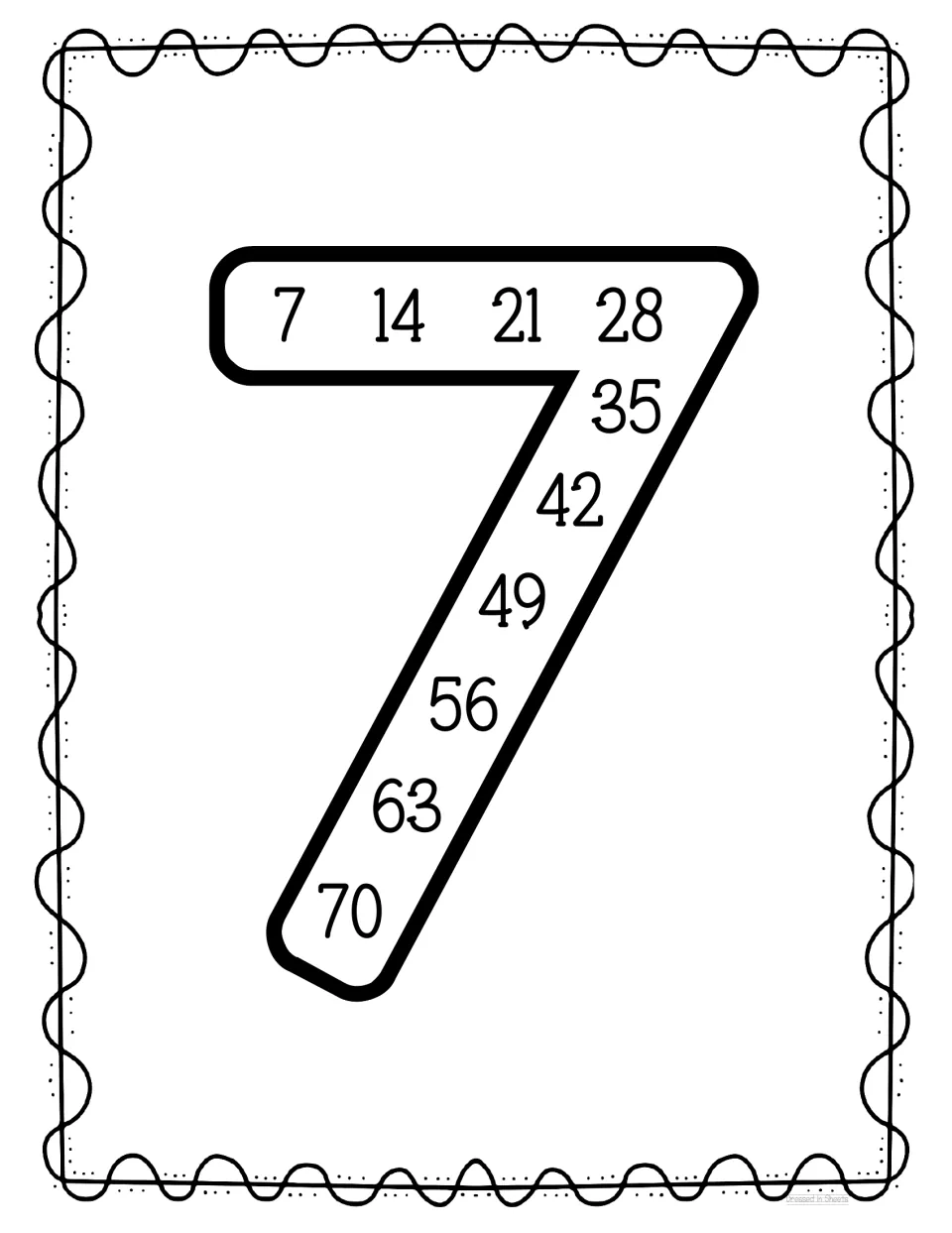 Skip counting by 7s: multiples 7, 14, 21 up to 70 run across the top and down a large outline numeral 7