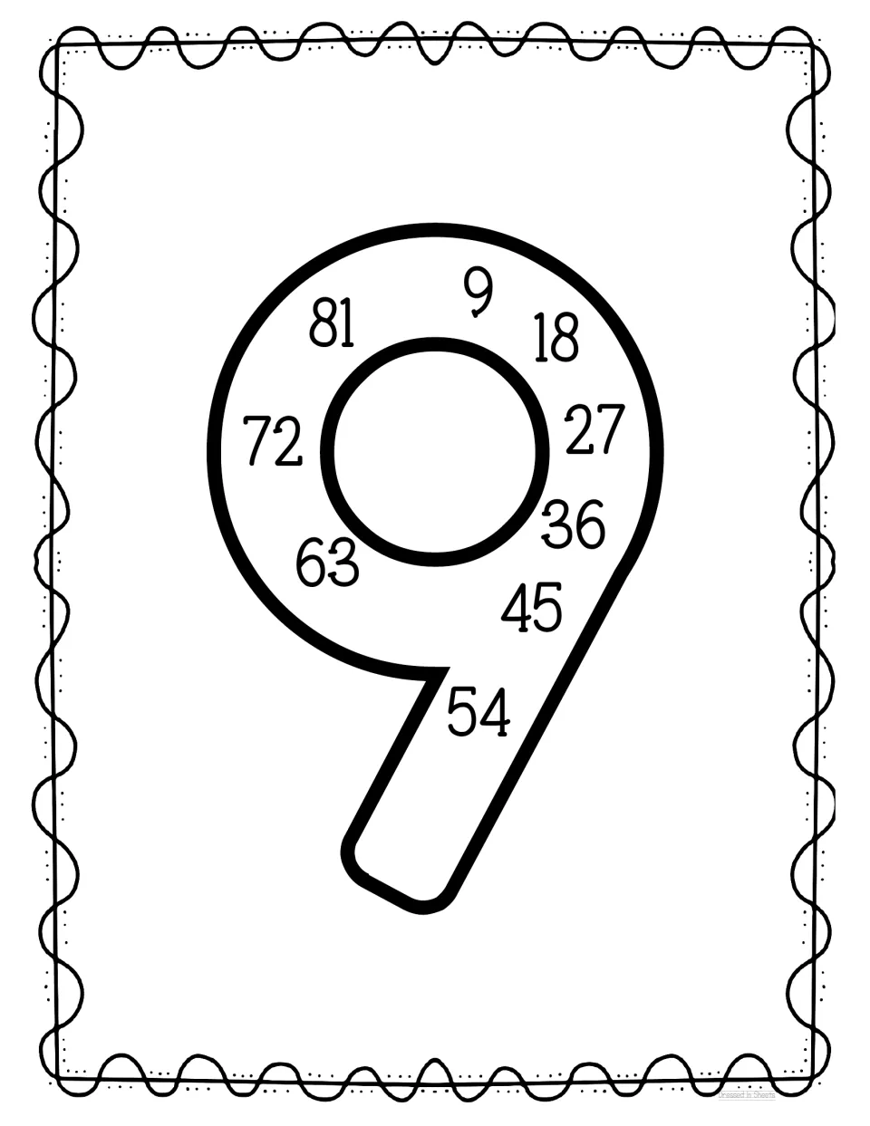 Skip counting by 9s: multiples 9, 18, 27 up to 81 circle the loop and stem of a large outline numeral 9