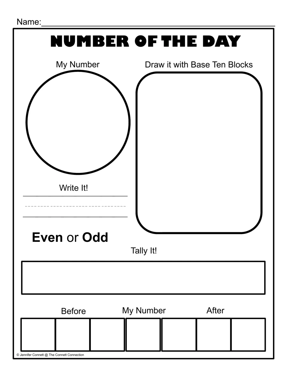 Number of the day: students show a number with base ten blocks, write and tally it, mark even or odd, and fill before/after