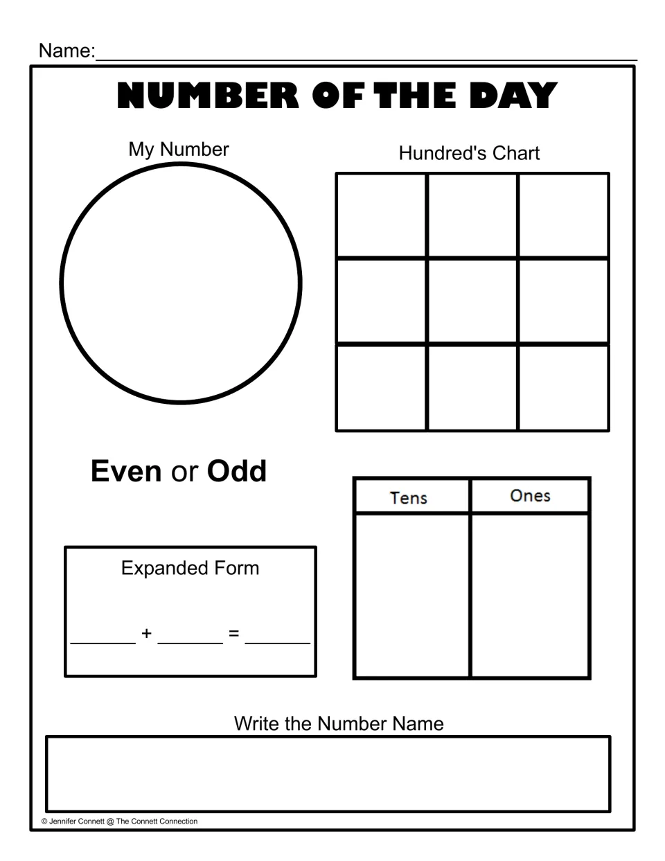 Place value practice: students show a number on a hundred chart piece, sort tens and ones, write expanded form and its name