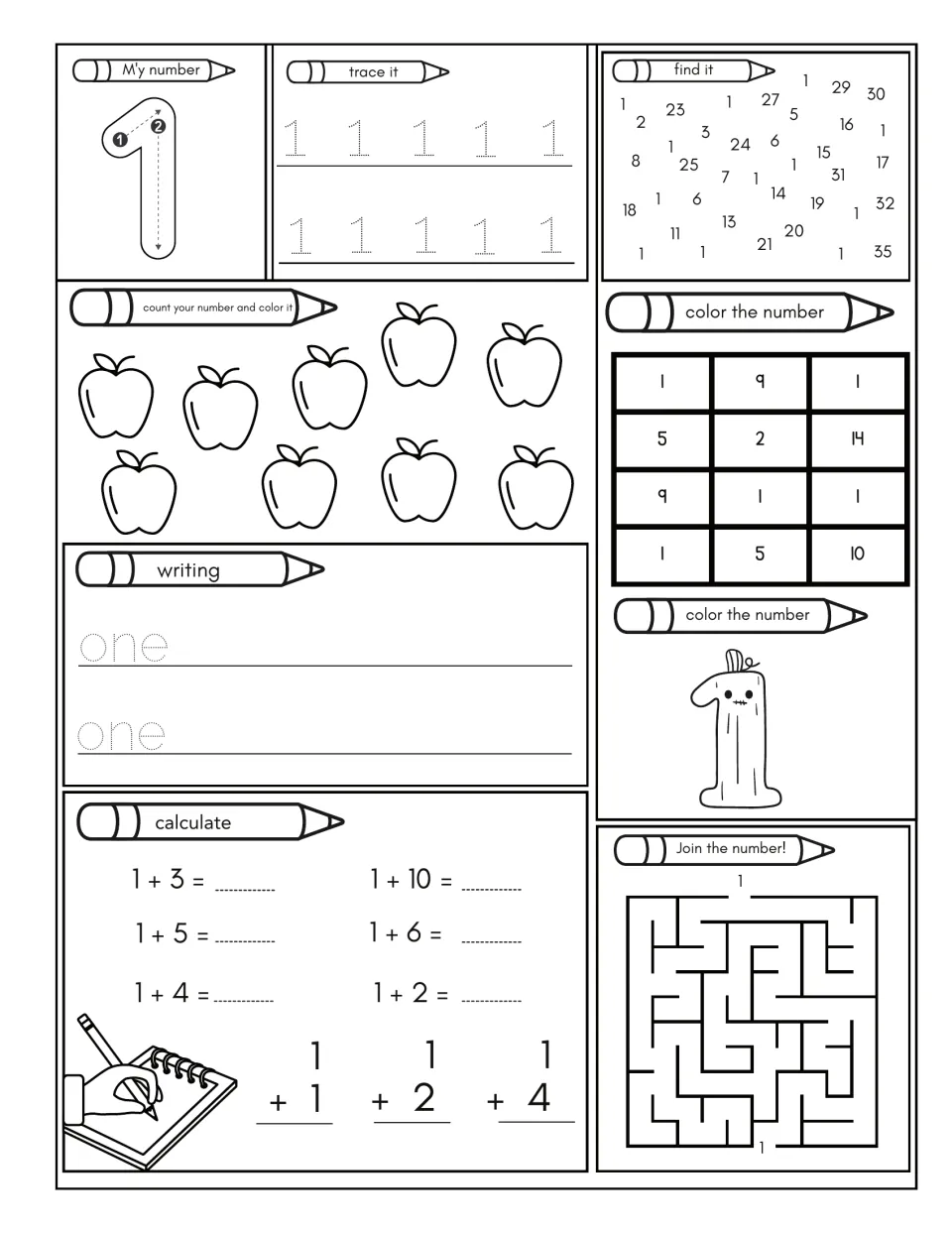 Number 1 practice: trace 1 and 'one,' count and color apples, find 1, solve addition problems, and finish a maze