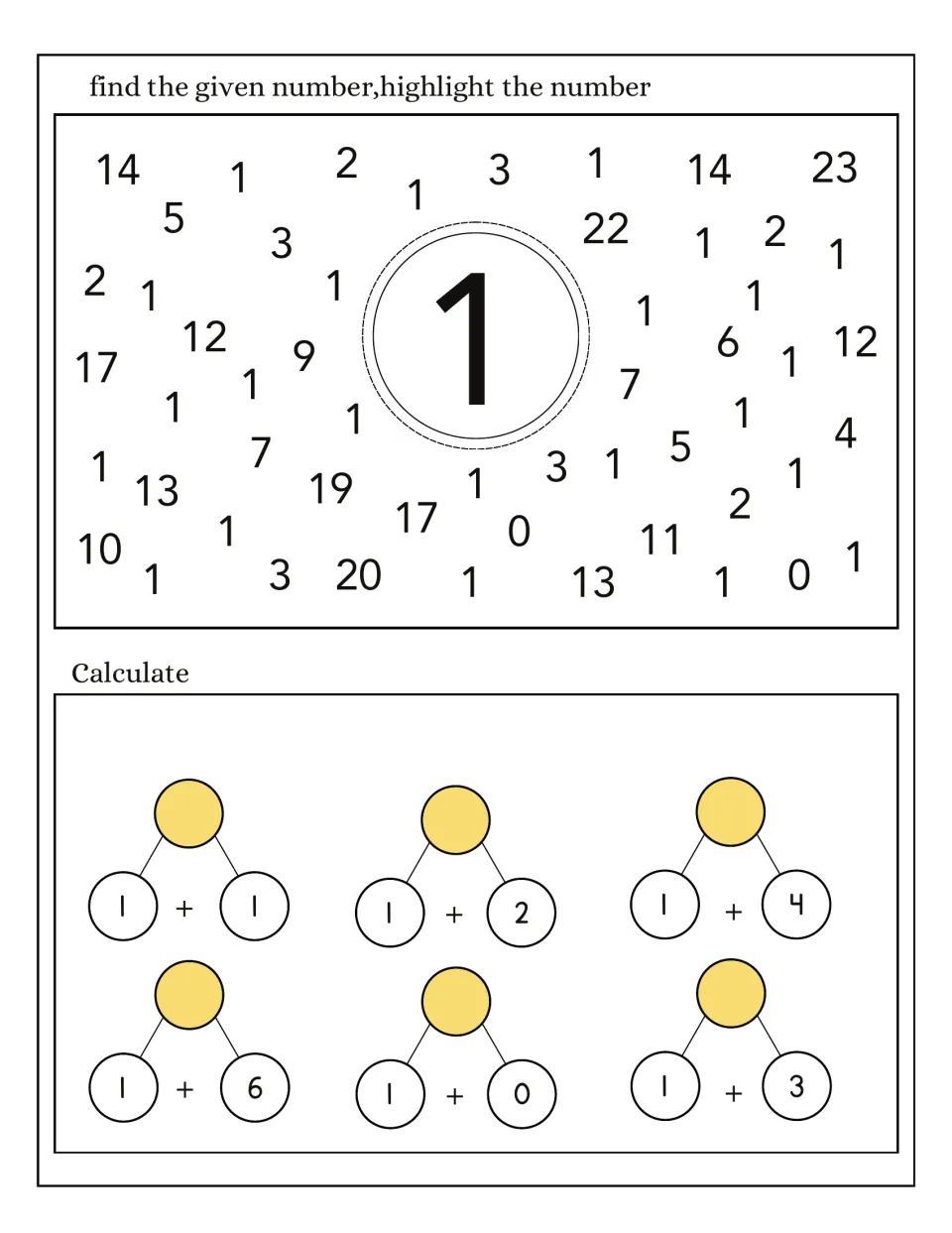 Number 1 follow-up: find and highlight 1 among other numbers, then solve six addition problems using 1