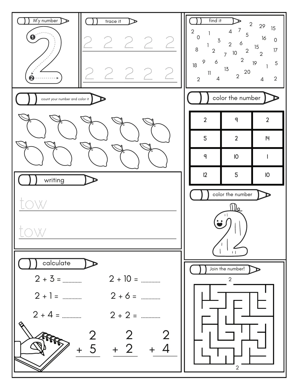 Number 2 practice: trace 2, count and color lemons, find 2, practice writing, solve addition, and finish a maze