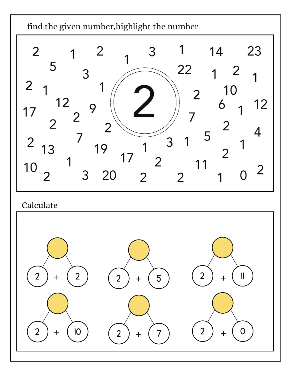 Number 2 follow-up: find and highlight 2 among other numbers, then solve six addition problems using 2
