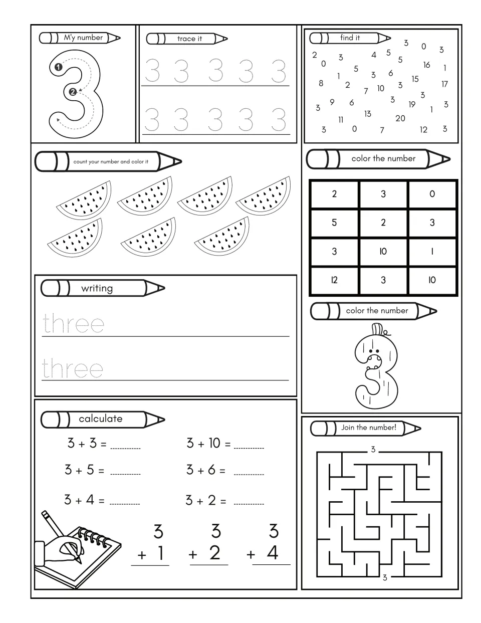 Number 3 practice: trace 3 and 'three,' color watermelon slices, find 3, solve addition, and finish a maze