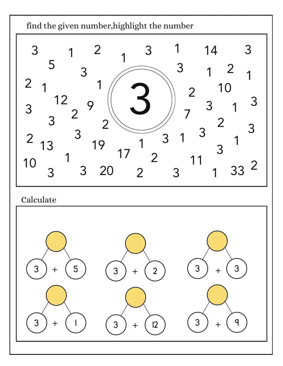 Number 3 follow-up: find and highlight 3 among other numbers, then solve six addition problems using 3