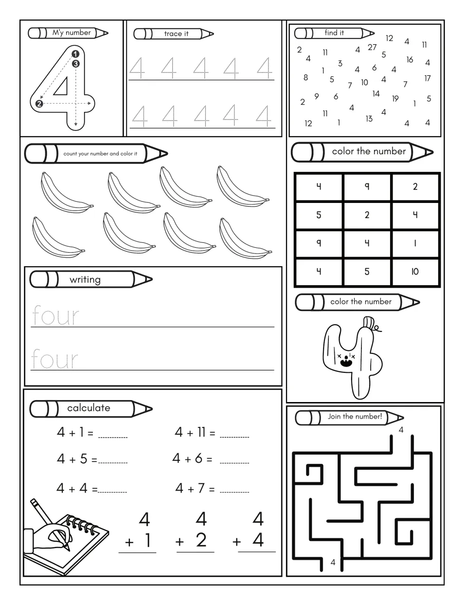 Number 4 practice: trace 4 and 'four,' count and color bananas, find 4, solve addition, and finish a maze