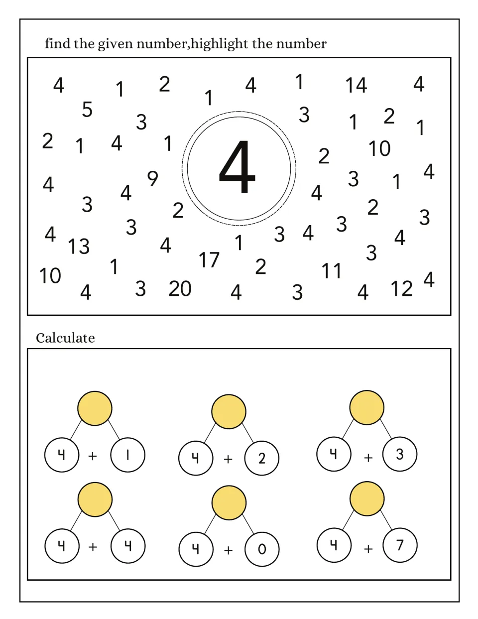Number 4 follow-up: find and highlight 4 among other numbers, then solve six addition problems using 4